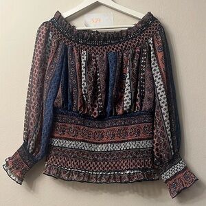 VENUS Blue and Red Ruffled Smocked Blouse